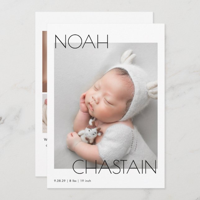 Minimalist Modern Newborn Baby Photo Collage Birth Meddelande (Fram/baksida)
