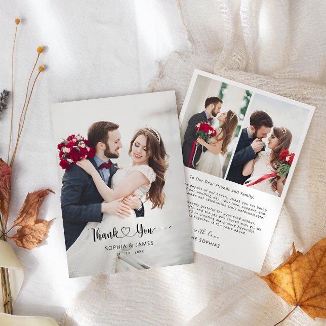 Minimalist Modern Script med Hjärtan Bröllopsfoto  Tack Kort (Minimalist Morden Script with Heart Wedding Photo Thank You Card)