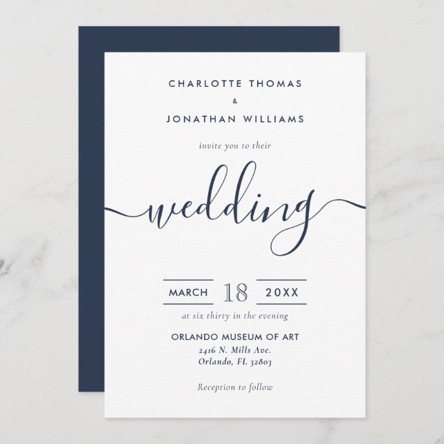 Minimalist Modern Script Navy Blue Wedding Inbjudningar (Fram/baksida)