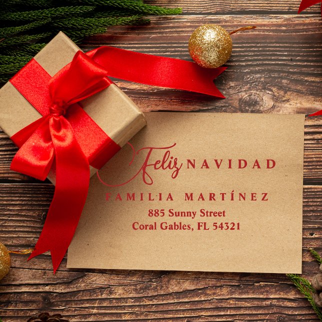 Minimalist Modern Spanish Feliz Navidad Address Stämpel (Minimalist Modern Spanish Feliz Navidad Family Address Rubber Stamp.)