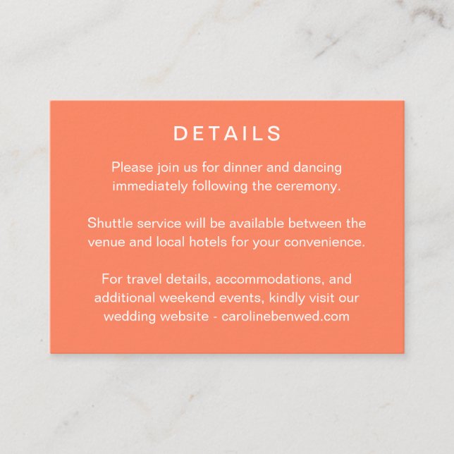 Minimalist Modern Tangerine Wedding Details Tilläggskort (Framsida)