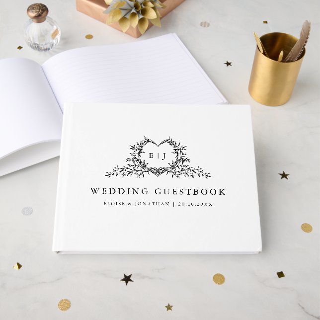 Minimalist Monogram Calligraphy Crest Wedding Gästböcker (Framsida Öppen)