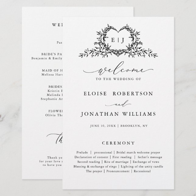 Minimalist Monogram Calligraphy Wedding Program (Fram/baksida)