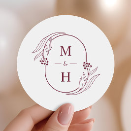 Minimalist Monogram Elegant Burgundy Wedding Favor Runt Klistermärke