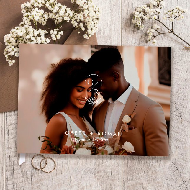 Minimalist Monogram Leaf Modern Photo Wedding  Gästböcker (Skapare uppladdad)