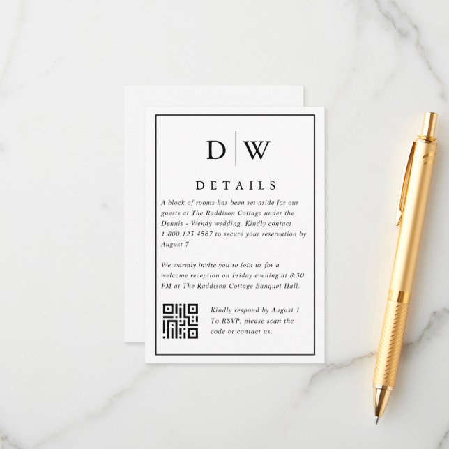 Minimalist Monogram Wedding QR Code Enclosure Card Tilläggskort (Fram/Back In Situ)