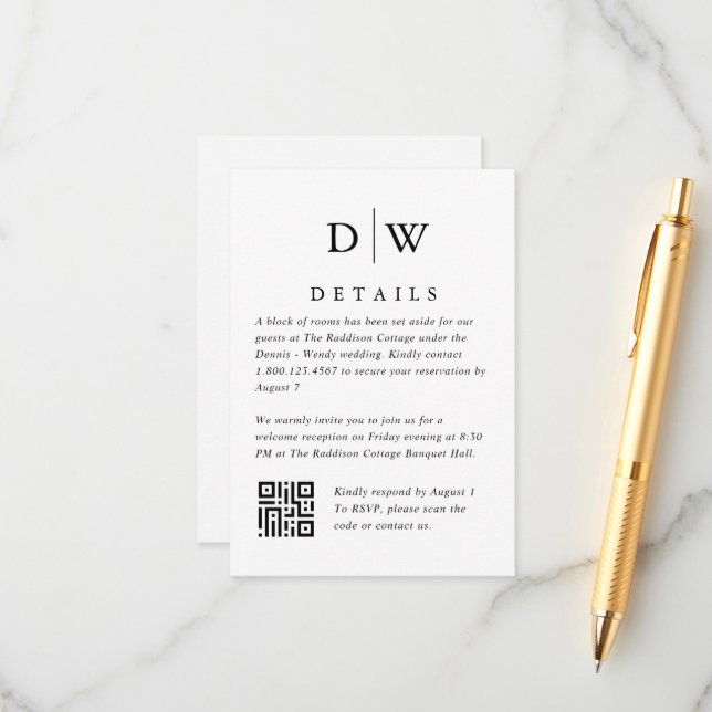 Minimalist Monogram Wedding QR Code Enclosure Card Tilläggskort (Fram/Back In Situ)