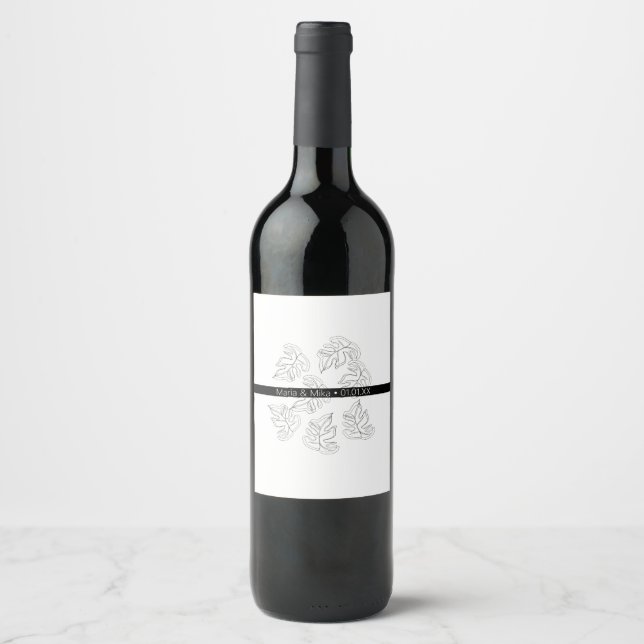 Minimalist Monstera Handritad Svart Vit Bröllop Vinflaska Etikett (Framsida)