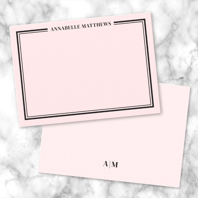 Minimalist Namnmonogram i Rosabränd Kant Anteckningskort (Blush Pink Border Minimalist Name Monogram Note Card)