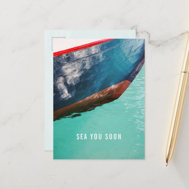 Minimalist Nautical Abstract Boat Sea You Soon Vykort (Fram/Back In Situ)