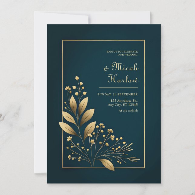 Minimalist Navy and Gold Botanical Wedding Inbjudningar (Framsida)
