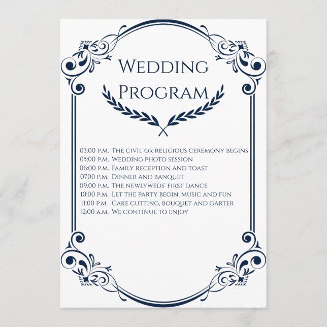 Minimalist Navy Blue and White Wedding Program (Framsida)