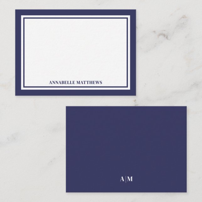 Minimalist Navy Blue Two Border Monogram Anteckningskort (Fram/baksida)