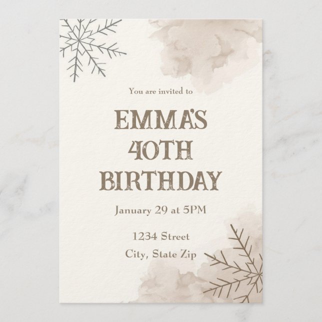 Minimalist Neutral Winter 40th Birthday Invitation Inbjudningar (Framsida)