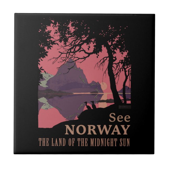 Minimalist Norway Sunset Poster - Mountain Fjord Kakelplatta (Framsidan)