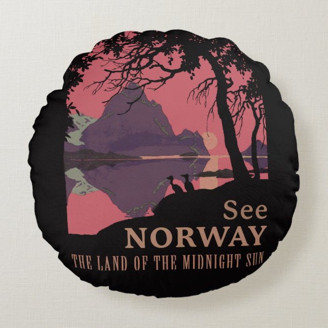 Minimalist Norway Sunset Poster - Mountain Fjord Rund Kudde (Framsidan)