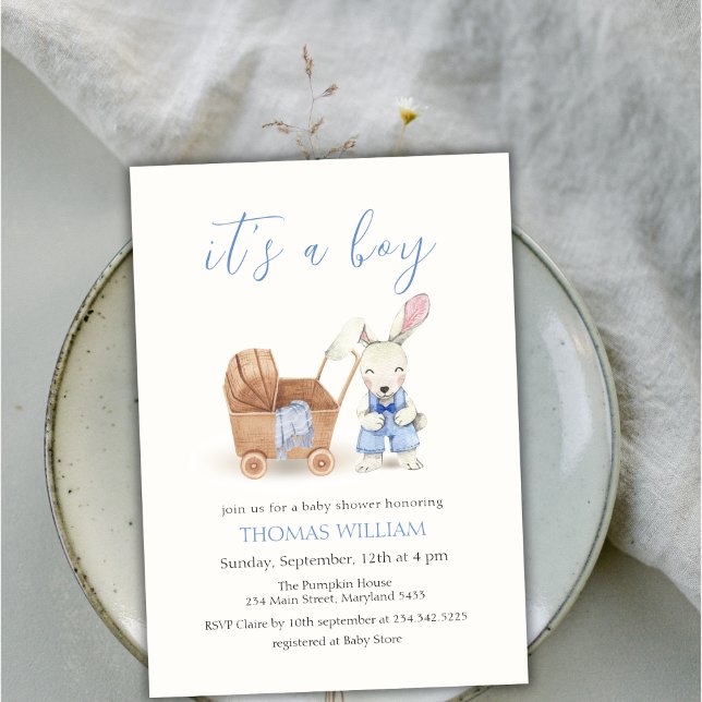 Minimalist Nursery Barnvagn Rabbit Boy Shower Inbjudningar (Minimalist Nursery Stroller Rabbit Boy Baby Shower Invitation)