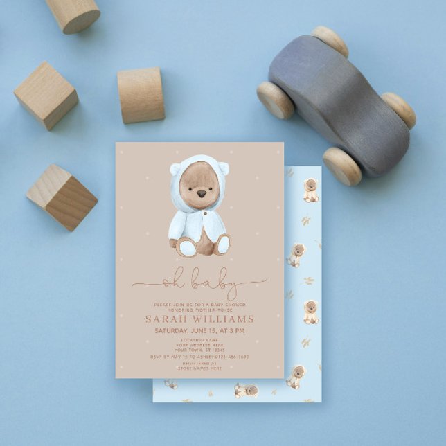 Minimalist Oh Baby Dusty Blue Bear Baby Shower Inbjudningar (Skapare uppladdad)
