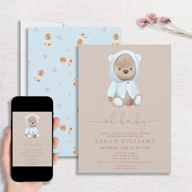 Minimalist Oh Baby Dusty Blue Bear Baby Shower Inbjudningar (Skapare uppladdad)