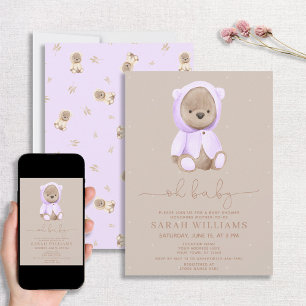 Minimalist Oh Baby Lavender Bear Baby Shower Inbjudningar