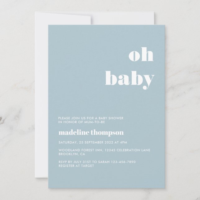 Minimalist Oh Baby Pastel Blue Baby Shower Inbjudningar (Framsida)