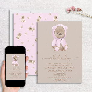 Minimalist Oh Baby Rosa Bear Baby Shower Inbjudningar