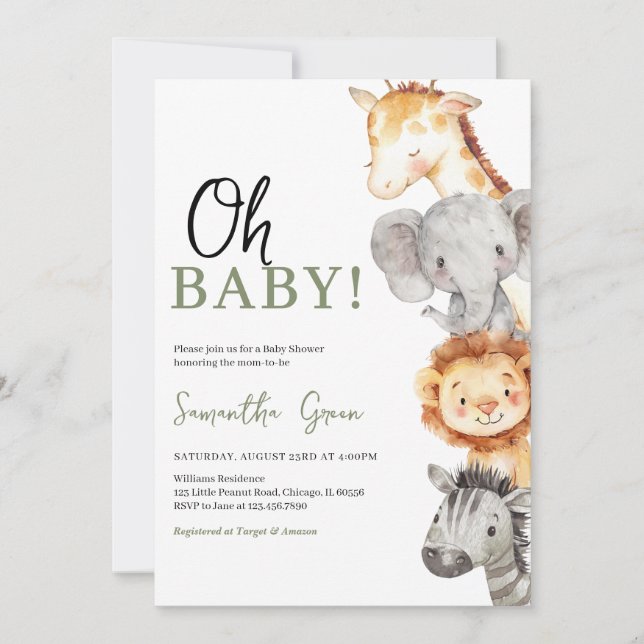 Minimalist Oh Baby Safari Baby Shower Inbjudningar (Framsida)