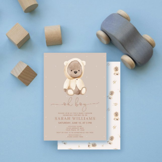 Minimalist Oh Boy Brown Bear Baby Shower Inbjudningar (Skapare uppladdad)