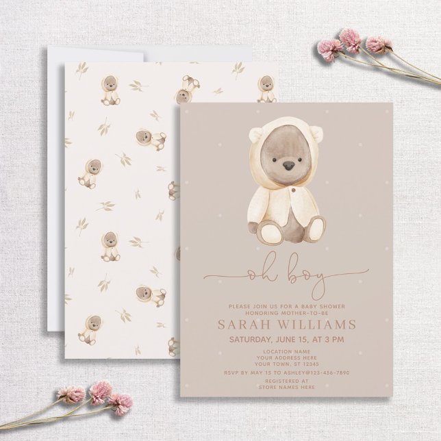 Minimalist Oh Boy Brown Bear Baby Shower Inbjudningar (Skapare uppladdad)