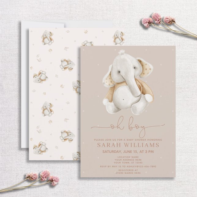 Minimalist Oh Boy Elephant Brown Baby Shower Inbjudningar (Skapare uppladdad)