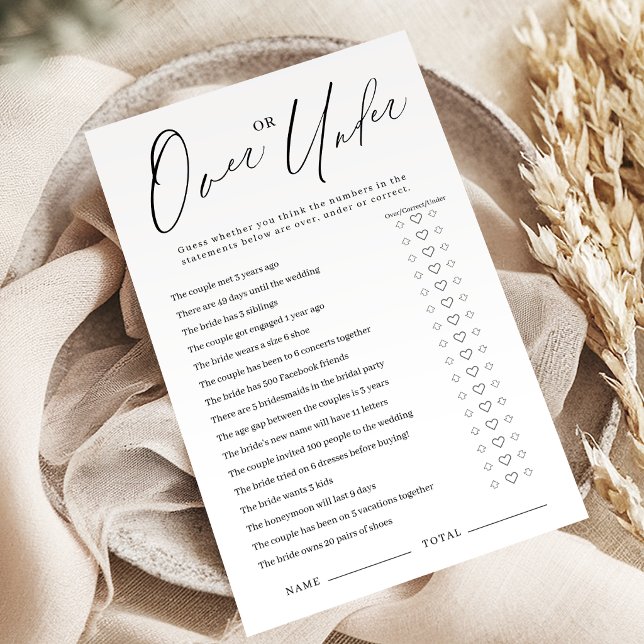 Minimalist Över eller under bröllopsdusch spel (Minimalist Over or Under bridal shower game)