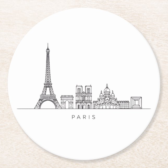 Minimalist Paris Skyline Line Art Underlägg Papper Rund (Framsidan)