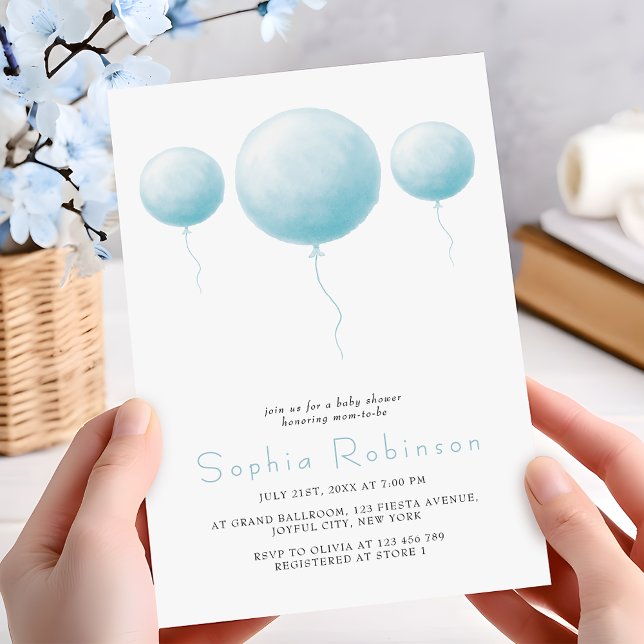 Minimalist Pastel Blue Balloons Baby Boy Shower Inbjudningar (Skapare uppladdad)
