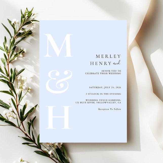 Minimalist Pastel Blue White Monogram Wedding Inbjudningar (Skapare uppladdad)
