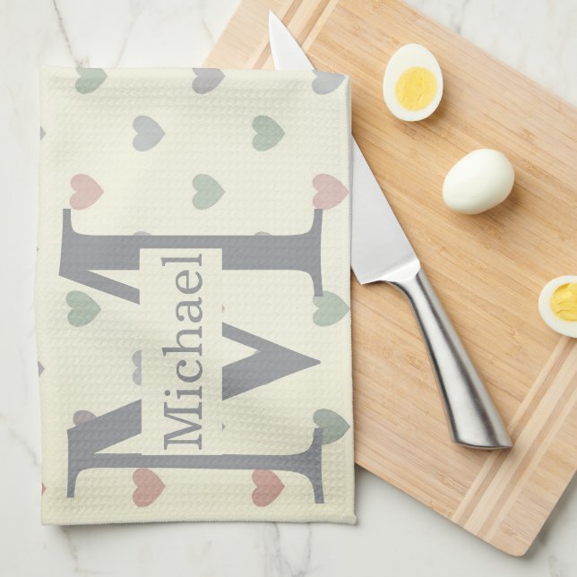 Minimalist Pastel Heart Pattern Custom Monogram  Kökshandduk (Vikt i Fjärdedel)