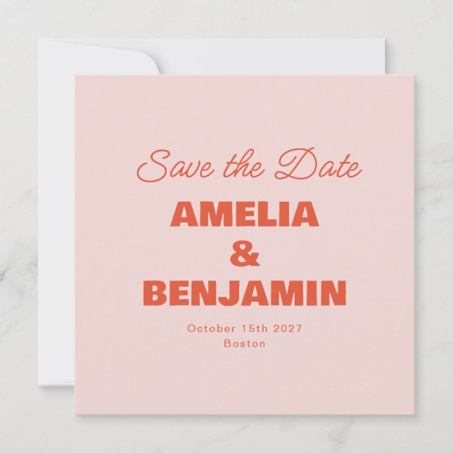 Minimalist Pastell Rosa Orange Retro Script Bröllo Spara Datumet (Framsida)