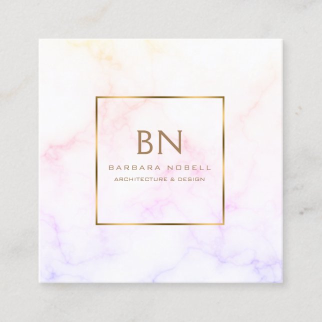 Minimalist pastellfärgad marmorguldMonogram Fyrkantigt Visitkort (Framsida)