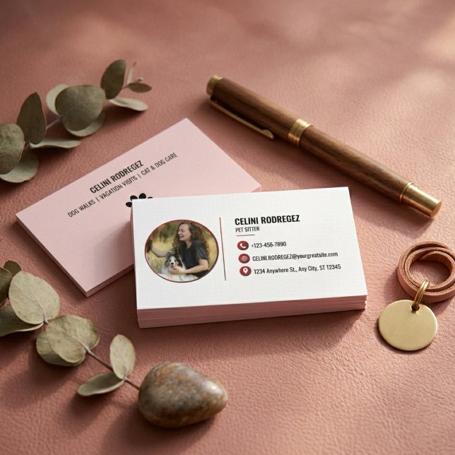 Minimalist Paw Print Pet Sitting Photo  Visitkort (Minimalist Paw Print Pet Sitting Photo Business Card with Social Media)