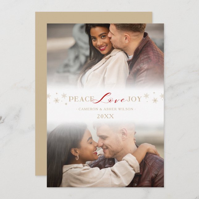 Minimalist Peace Love Joy Snowflakes 2 Photos Julkort (Fram/baksida)