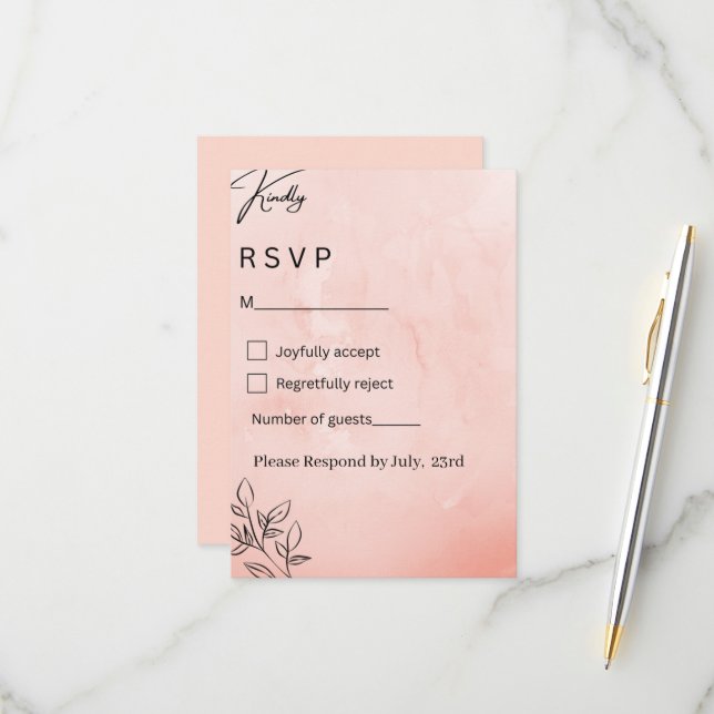 Minimalist Peach Botanical Wedding RSVP OSA Kort (Fram/Back In Situ)