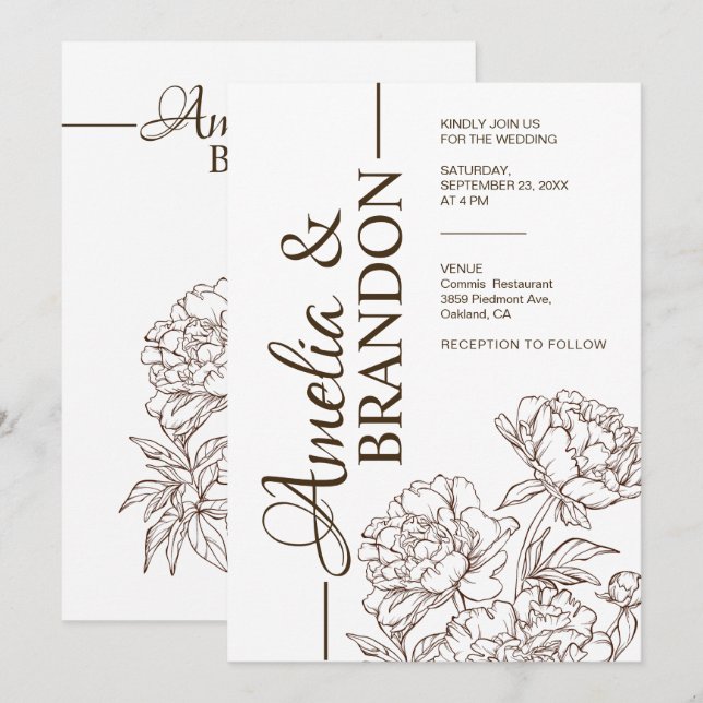 Minimalist Peony Wedding Invitation Luxury Inbjudningar (Fram/baksida)