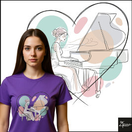 Minimalist Piano Player Pastel Heart Sketch T Shirt