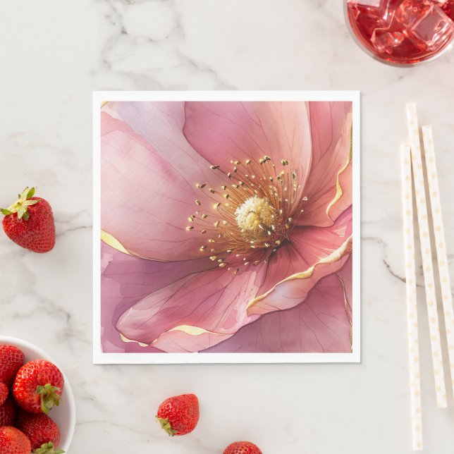 Minimalist Pink and Gold Poppy Wedding Pappersservett (Insitu)