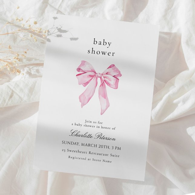 Minimalist Pink Bow Baby Shower Invitation Inbjudningar (Skapare uppladdad)