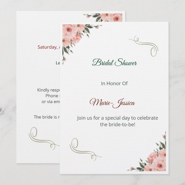 Minimalist Pink Floral Bridal Shower Invitation,  Inbjudningar (Fram/baksida)