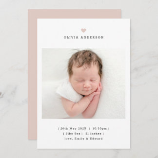 Minimalist Pink Heart Girl Birth Announcement Meddelande