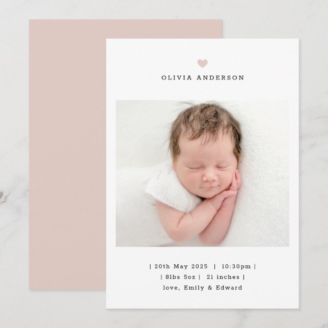 Minimalist Pink Heart Girl Birth Announcement Meddelande (Fram/baksida)