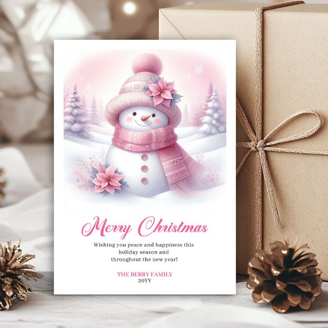 Minimalist Pink Snowman Kids Editable Christmas  Julkort (Minimalist Pink Snowman Kids Editable Christmas Greeting Card

)