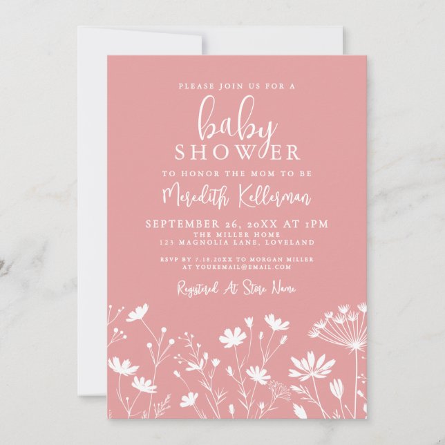 Minimalist Pink Wildflower Baby Shower Inbjudningar (Framsida)