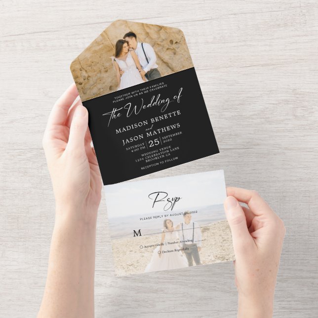 Minimalist Plain Black White2 Photo Rsvp Wedding (Avrivbar del)